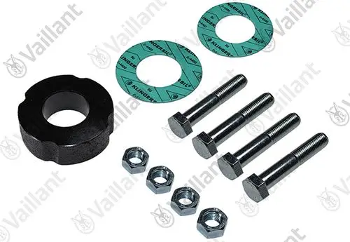 Vaillant Adapter-Kit mit einem runden schwarzen Bauteil, zwei Dichtungen, vier Schrauben und zwei Muttern, die typischerweise zur Befestigung von Heizpumpen verwendet werden.